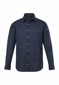 Camicia a maniche lunghe blu navy con motivo a quadri, chiusura con bottoni e colletto classico. Realizzata in un tessuto liscio con vestibilità regolare.