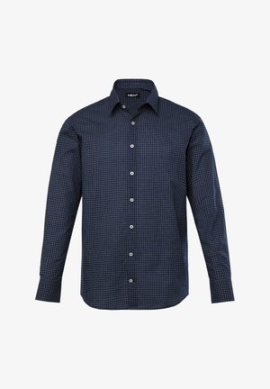 Granatowa koszula z długim rękawem w kratę, zapinana na guziki, z klasycznym kołnierzykiem. Wykonana z gładkiego materiału o regularnym kroju.