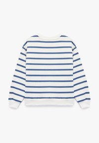 Sweter crewneck w białe i granatowe paski. Posiada długie rękawy, ściągacze przy mankietach i u dołu, miękką fakturę oraz luźny krój.