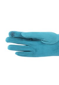 Guanto di tessuto blu con un fiore scucito blu scuro sul dito indice, fotografato su uno sfondo bianco.