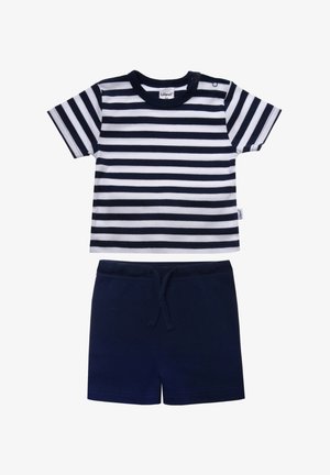 Striped cotton T-shirt in navy and white with short sleeves, paired with navy shorts featuring an elastic waistband and drawstring.
