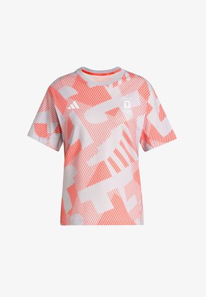 Kurzärmeliges T-Shirt in Hellgrau mit kräftigen orangefarbenen geometrischen Mustern und Streifen. Verfügt über einen Rundhalsausschnitt und ein gesticktes Logo auf der Brust.