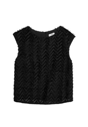 Top senza maniche nero con motivo a chevron testurizzato, realizzato in tessuto morbido. Presenta un collo rotondo e un orlo dritto. Etichetta visibile all'interno.