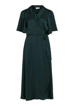 Dark green wrap dress in lightweight satin. Features short puff sleeves, a tie waist, and a flowing hemline with a subtle sheen.