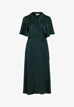 Mörkgrön omlottklänning i lätt satin. Har korta puffärmar, ett knytband i midjan och en flödande fåll med en subtil glans.