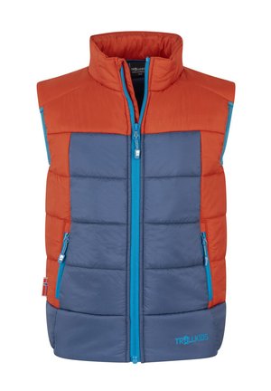 Child’s sleeveless padded vest in orange and blue with front zipper and zippered side pockets, branded with Trollkids logo at the bottom.