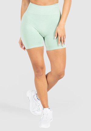 Muntgroene high-waisted shorts gemaakt van een rekbare stof. Voorzien van een geribbelde tailleband en een soepele textuur, eindigend halverwege de dij.