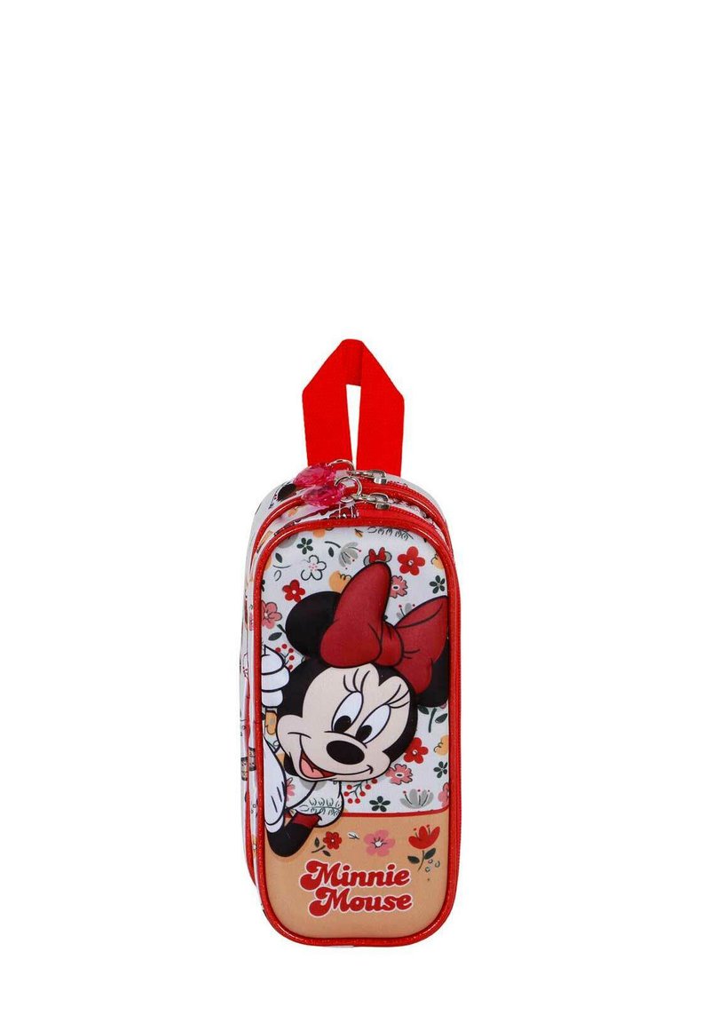 Trousse à crayons rouge avec fermeture éclair présentant un motif Minnie Mouse, des motifs floraux et une poignée rouge en haut. Texte "Minnie Mouse" en bas.