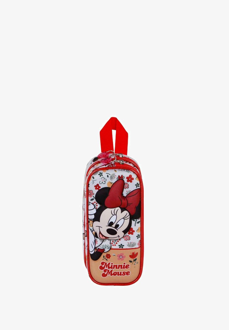 Trousse à crayons rouge avec fermeture éclair présentant un motif Minnie Mouse, des motifs floraux et une poignée rouge en haut. Texte "Minnie Mouse" en bas.