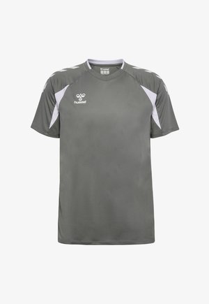 Grå kortærmet sportstrøje med hvide detaljer på skuldre og sider, med Hummel-logoet på brystet.