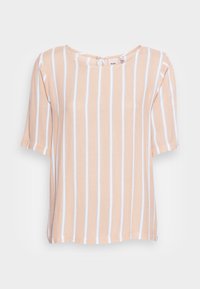 Kortärmad topp i ljus persika med vita vertikala ränder. Rund halsringning med en liten knappstängning i nacken. Mjuk textur.