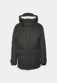 Dunkelgrüne Parka-Jacke mit einem mit Fell gefütterten Innenraum, verstellbare Kapuze mit Kordelzug, zwei Fronttaschen und verstellbaren Manschetten. Strukturierter, wasserabweisender Stoff.