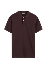 Camisa polo burdeos con cuello clásico, mangas cortas, tapeta de dos botones y un pequeño logotipo bordado en el pecho. Fabricada con tejido texturizado.