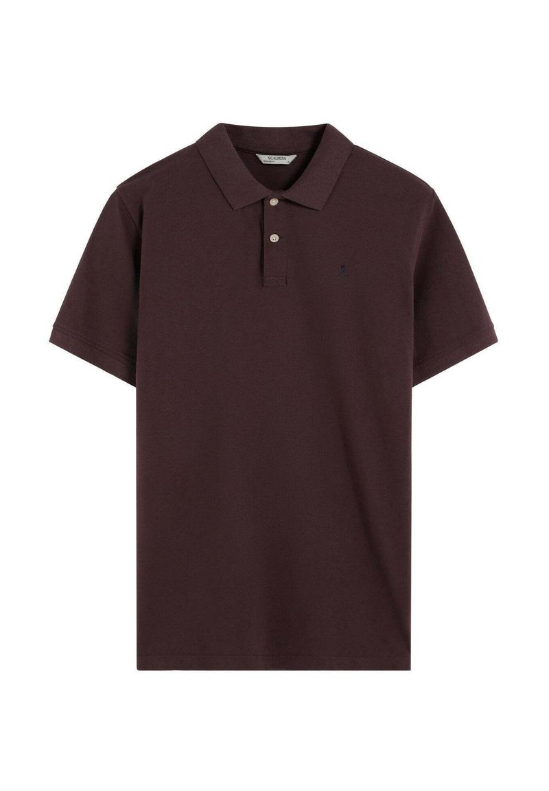 Camisa polo burdeos con cuello clásico, mangas cortas, tapeta de dos botones y un pequeño logotipo bordado en el pecho. Fabricada con tejido texturizado.