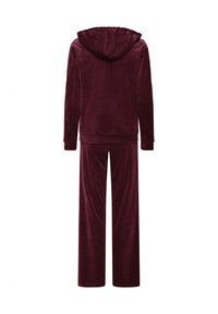 Survêtement deux pièces en velours violet foncé à manches longues, veste à capuche et pantalon à jambes larges, vu de dos sur fond blanc.