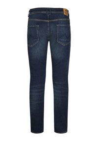 Tmavě modré džíny z denimu s rovným střihem, které mají dvě zadní kapsy, jemné zesvětlení a koženou nášivku značky na pasu.