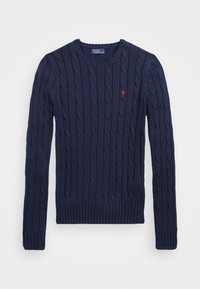 Námořnický modrý svetr s pleteným vzorem a žebrovan ým spodním lemem a manžetami. Na hrudi se nachází malé červené logo. Vyrobeno z texturovaného pleteného materiálu.