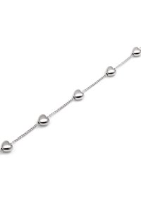 Pulsera de cadena de plata con cinco eslabones en forma de corazón pulidos, cada uno conectado por pequeños eslabones ovalados, creando un diseño delicado.