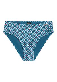 Tirkizni bikini don s geometrijskim uzorkom u plavoj, ružičastoj i bijeloj boji. Izrađen od glatkog materijala sa srednjim strukom i elastičnim pojasom.