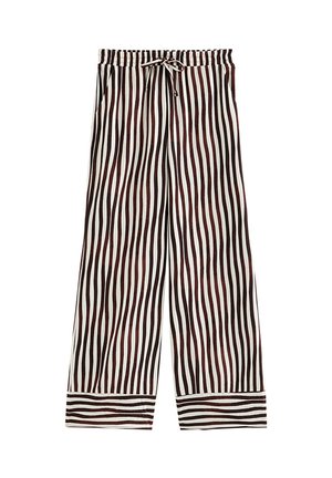 Losse broek met verticale golvende zwarte en bruine strepen op wit, elastische tailleband met voorstrik, en horizontaal gestreepte boorden.