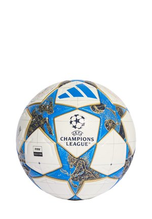 Pallone da calcio bianco con accenti blu e oro, caratterizzato dal logo della UEFA Champions League, un design geometrico e una superficie testurizzata.