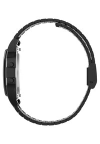 Orologio da polso nero con cassa tondeggiante, finiture metalliche e bracciale segmentato. Presenta due pulsanti laterali e un quadrante trasparente.