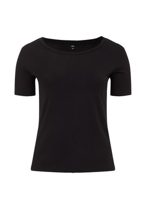 Črna majica s kratkimi rokavi in okroglim izrezom. Narejena iz mehkega, elastičnega blaga. Preprost dizajn brez vidnih vzorcev ali dodatkov.