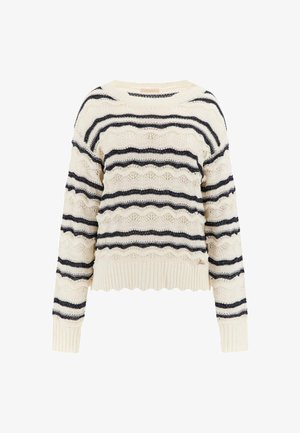 Kreemijumper tumesiniste horisontaallintidega, millel on tekstuuriga laine muster. Ribatud ääred ja varrukad koos lühendatud disainiga.