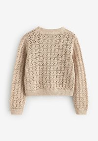 Strikket beige sweater med blondermønster, med lange ærmer og rund halsudskæring, struktureret og letvægts tekstur.