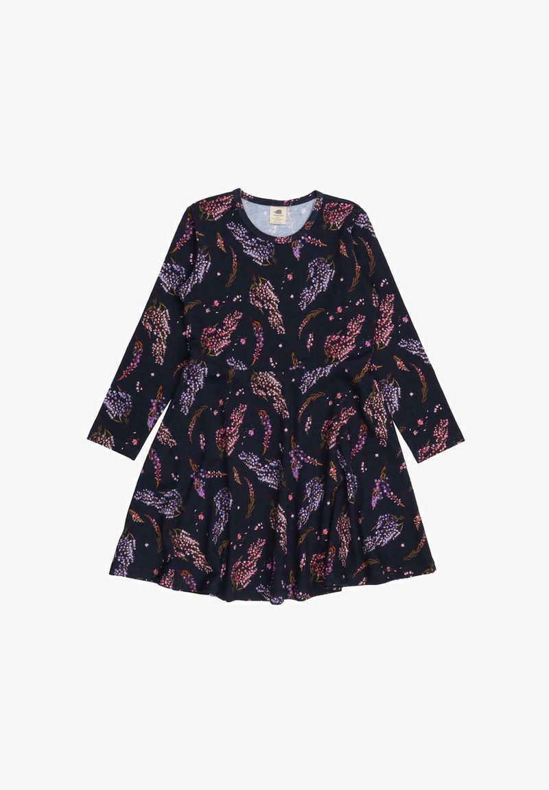 Langärmliges Kleid aus navyfarbenem Stoff mit floralem Muster in Pink und Lila. Ausgestellter Rock mit rundem Ausschnitt und weicher Textur.