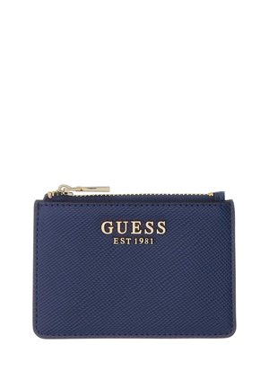 Portefeuille Guess bleu marine texturé, avec fermeture éclair et logo dorés, sur fond blanc.