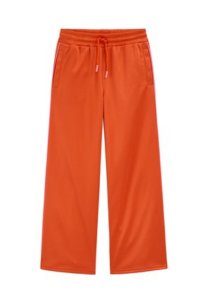 Pantaloni arancioni vivaci a gamba larga con cintura elastica, coulisse anteriore e tasche laterali, distesi su uno sfondo bianco.