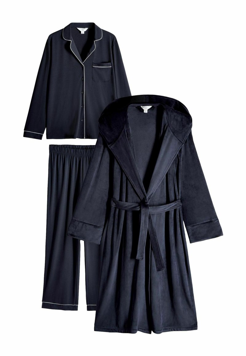 Marint färgad pyjamasuppsättning med långärmad knapp-up skjorta, byxor med elastisk midja och matchande morgonrock med huva och knytband, med vita pipings detaljer.