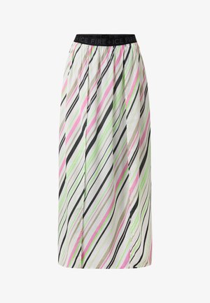 Jupe avec taille élastique noire, ornée de rayures diagonales en rose, vert, noir et beige sur fond blanc. Tissu léger.