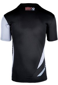 Zwarte sportieve shirt met korte mouwen, met grijze accenten en een logo op de rug. Gemaakt van gladde stof met een aansluitende pasvorm.