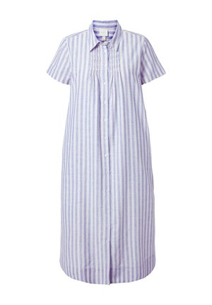 Gestreiftes blau-weißes Kurzarm-Hemdkleid in knielanger Länge mit Vorderknöpfen und dezenten Faltenverzierungen auf der Brust.