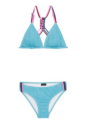 Lichtblauw bikini set met een driehoekstop van textuurstof en kleurrijke gevlochten bandjes, gecombineerd met bijpassende slipjes met accentdetails.