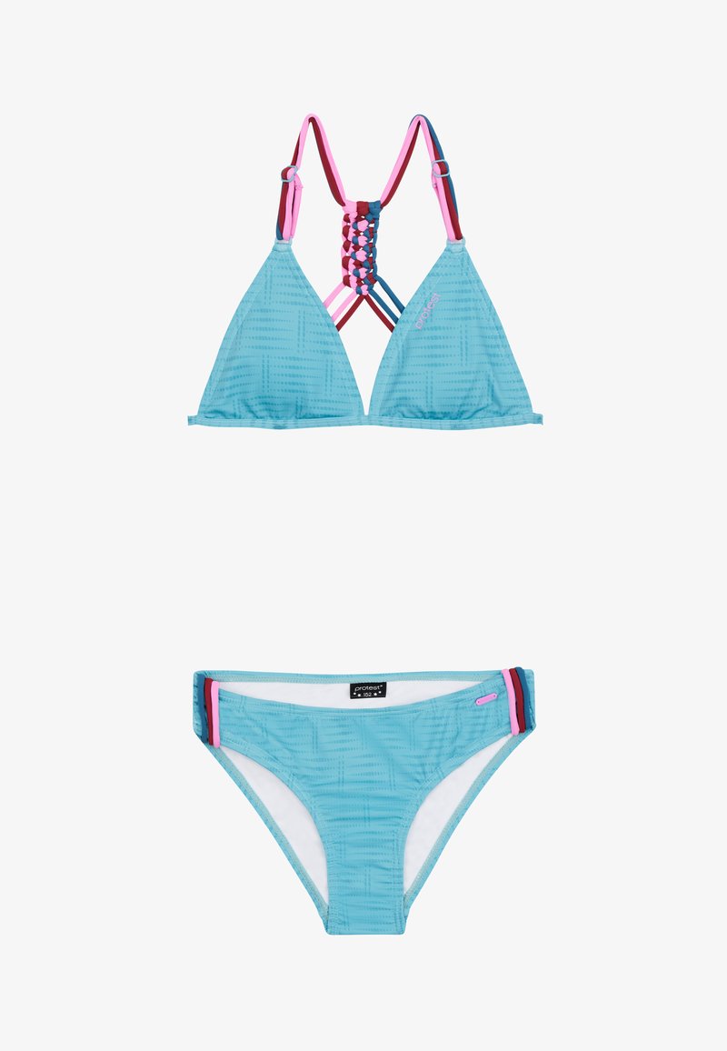 Lichtblauw bikini set met een driehoekstop van textuurstof en kleurrijke gevlochten bandjes, gecombineerd met bijpassende slipjes met accentdetails.