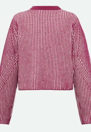 Pletena skraćena dukserica s dugim rukavima, s uzorkom ružičastih i bijelih pruga te rebrastom teksturom. Okrugli izrez i dijagonalni šavovi.