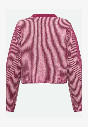 Pletena skraćena dukserica s dugim rukavima, s uzorkom ružičastih i bijelih pruga te rebrastom teksturom. Okrugli izrez i dijagonalni šavovi.