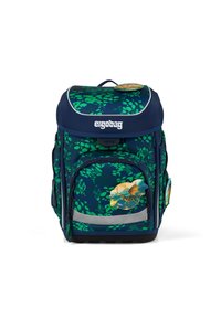 Marineblaue ergonomische Tasche mit grünen Blattmustern, reflektierenden Akzenten, einer Fronttasche mit einem Drachendesign und einem Griff an der Oberseite.