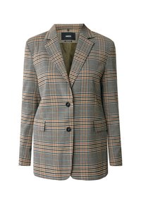 Blazer a quadri con una miscela di tonalità verde, nera e arancione. Presenta una chiusura a due bottoni, due tasche frontali e un colletto a rotondo.