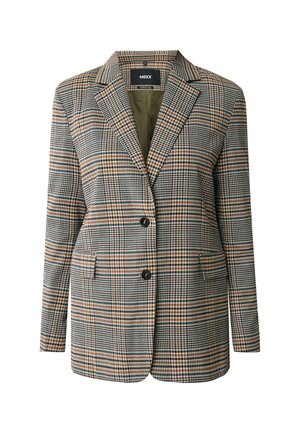 Geruite blazer in een mix van groene, zwarte en oranje tinten. Het heeft een sluiting met twee knopen, twee voorkruiszakken en een reverskraag.