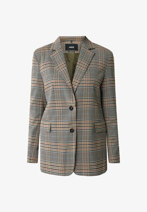 Plaid blazer featuring a mix of green, black, and orange tones. It has a two-button closure, two front pockets, and a notched collar.