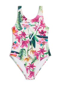 Én-delt badedragt med et tropisk blomsterprint i pink, grøn og hvid. Har et trekantet logo på brystet og skulderstropper.
