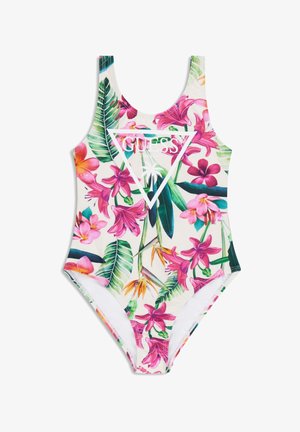 One-piece swimsuit with a tropical floral print in pink, green, and white. Features a triangular logo on the chest and shoulder straps.