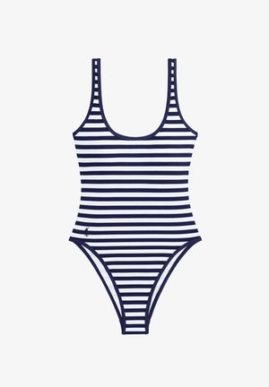 Maillot de bain une pièce rayé bleu marine et blanc avec larges bretelles, encolure dégagée et découpes hautes aux jambes. Présente un petit logo.