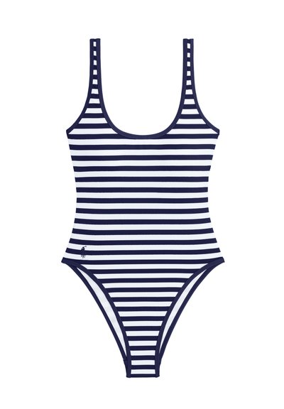 Ολόσωμο μαγιό με ναυτικομπλε και λευκές ρίγες, φαρδιές τιράντες, λαιμόκοψη σε σχήμα scoop και ψηλές ανοιχτές πλαγίες. Διαθέτει μικρή λεπτομέρεια με λογότυπο.