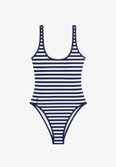 Ολόσωμο μαγιό με ναυτικομπλε και λευκές ρίγες, φαρδιές τιράντες, λαιμόκοψη σε σχήμα scoop και ψηλές ανοιχτές πλαγίες. Διαθέτει μικρή λεπτομέρεια με λογότυπο.