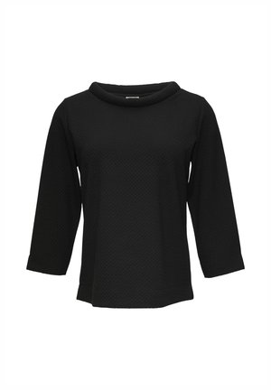 Czarny top z długim rękawem o teksturowanym wzorze, z szerokim dekoltem w kształcie łódki i prostym krojem, z rękawami o długości trzech czwartych i przeszytymi akcentami na krawędzi.